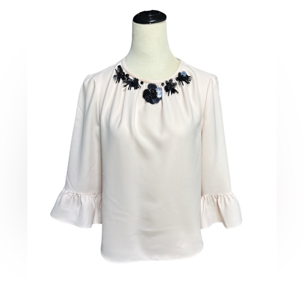 Kate Spade Women’s Embellished Crepe Top Pink Ruffled Sleeve size S - Picture 2 of 8